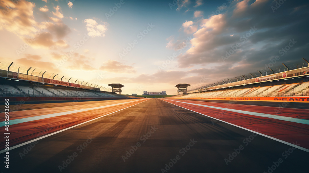 Racetrack backdrop empty with stands and road. Concept of Racing Venue Atmosphere, Motorsport Event Ambiance, Deserted Racetrack Scene, Quiet Track Environment, Empty Grandstands.