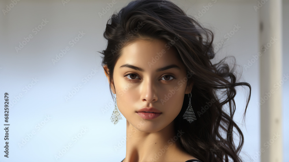 Naklejka premium Asian super model woman posing on white background. Concept of High Fashion Photography, Model Portfolio Shoot, Studio Fashion Posing, Chic and Elegant Fashion Presentation.