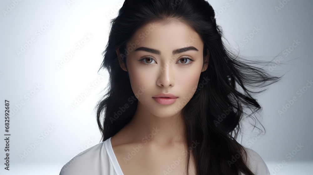 Asian super model woman posing on white background. Concept of High Fashion Photography, Model Portfolio Shoot, Studio Fashion Posing, Chic and Elegant Fashion Presentation. Asian super model woman posing on white background. Concept of High Fashion Photography, Model Portfolio Shoot, Studio Fashion Posing, Chic and Elegant Fashion Presentation.