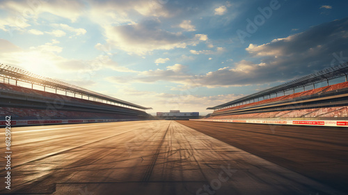 Racetrack backdrop empty with stands and road. Concept of Racing Venue Atmosphere, Motorsport Event Ambiance, Deserted Racetrack Scene, Quiet Track Environment, Empty Grandstands.