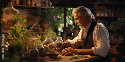 Herbalist at wooden table organizing the herbs and glass jars of remedies. Concept of Nature's Apothecary: Herbalist Organizing Remedies, Healing with Earth's Bounty, Herbal Wisdom.