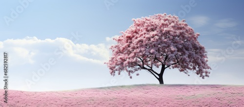 In the serene park, a solitary tree stood tall, adorned with delicate, pink flowers, against the backdrop of a clear sky. Isolated on a white background, it framed the beauty of nature in spring