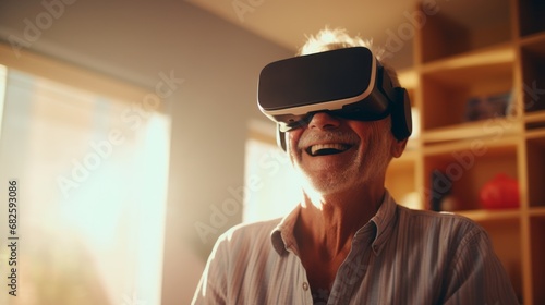 Elderly man wearing virtual reality headset have fun with technology © David