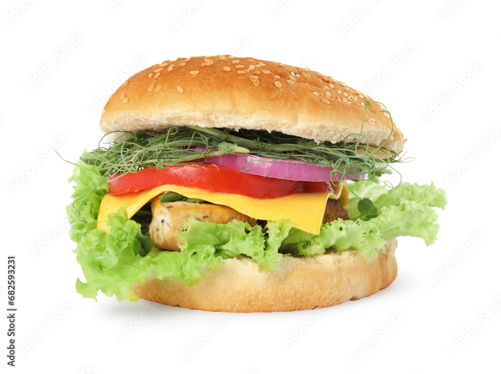 Delicious burger with tofu and fresh vegetables isolated on white Delicious burger with tofu and fresh vegetables isolated on white