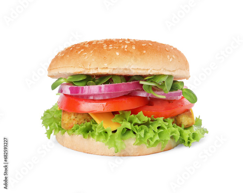 Delicious burger with tofu and fresh vegetables isolated on white © New Africa