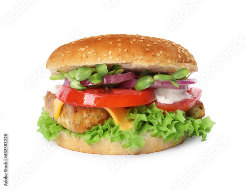 Delicious burger with tofu and fresh vegetables isolated on white