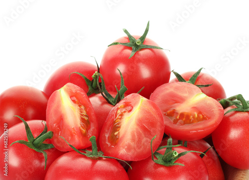 Whole and cut cherry tomatoes isolated on white, closeup