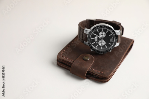Stylish leather wallet and wristwatch on light background. Space for text