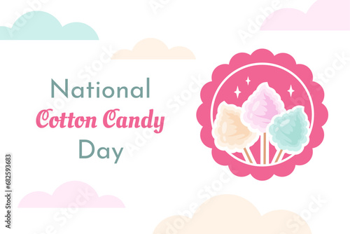Cotton candy day. Festive banner. Cartoon color Cotton candies in pink frame and vintage text. Colorful puffy sweet dessert. Delicious yummy food for children. Vector illustration