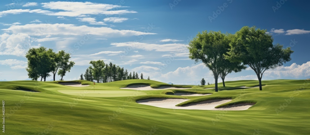 In the vast open space of the nature-themed golf course, the green grass created a striking contrast against the white sand bunkers, while the steel rake glided over the field, maintaining the