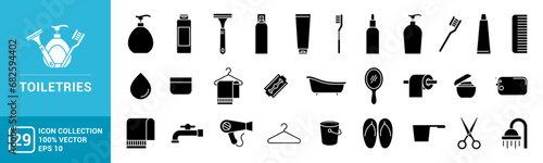 Collection of toiletries icon, toothbrush, toothpaste, shampoo, conditioner, cream, editable and resizable EPS 10 photo