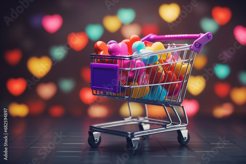 Colorful hearts in a shopping cart.Valentine day