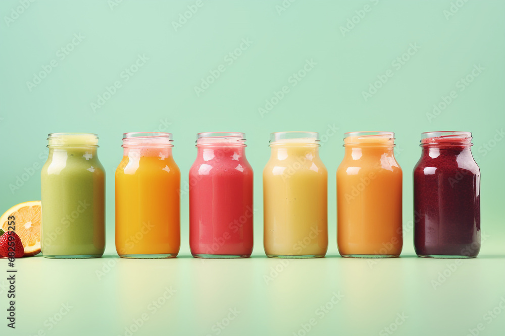 Colourful healthy smoothies and juices in bottles on color background with copy space Colourful healthy smoothies and juices in bottles on color background with copy space