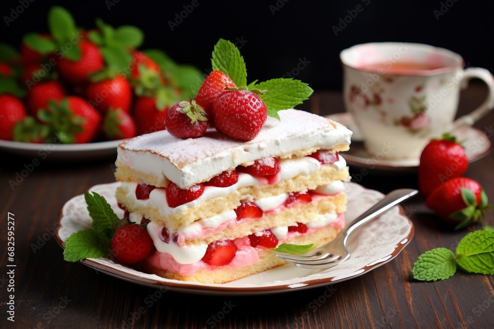 Photo delicious and sweet cake with strawberries and baiser on a plate , copy space, generative ai Photo delicious and sweet cake with strawberries and baiser on a plate , copy space, generative ai