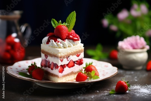 Photo delicious and sweet cake with strawberries and baiser on a plate   copy space  generative ai
