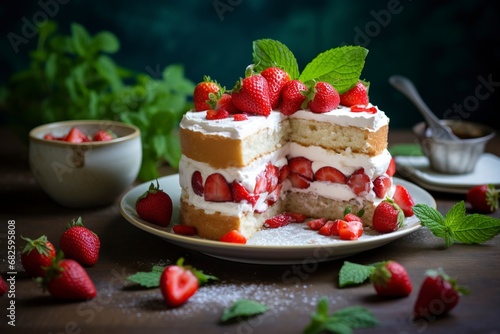 Photo delicious and sweet cake with strawberries and baiser on a plate   copy space  generative ai