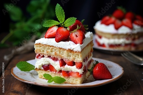 Photo delicious and sweet cake with strawberries and baiser on a plate   copy space  generative ai