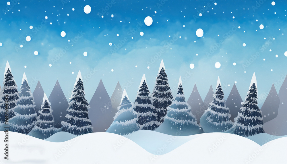 Christmas holiday background. Winter snow december landscape, Pine trees in the snow. Snowfall blue sky wallpaper.