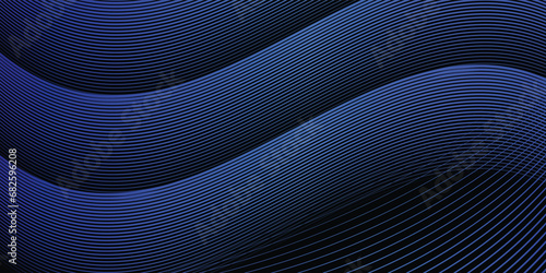 Dark abstract background with glowing wave. Shiny moving lines design element. Modern purple blue gradient flowing wave lines. Futuristic technology concept. Vector line waves dark blue modern