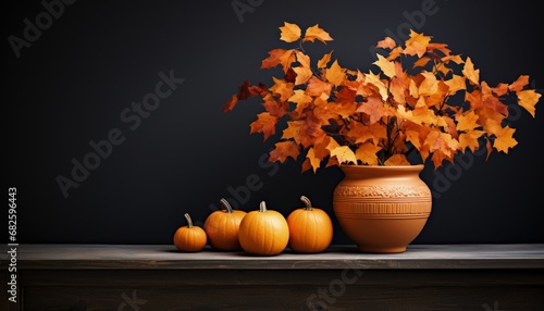 mockup with an orange vase and four mini Pumpkins next to it, coph space photo