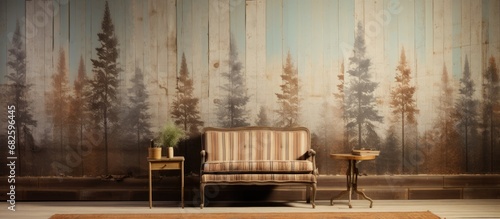 The vintage wallpaper in the old mountain cabin had a weathered and stained texture, adorned with retro stripes and grunge details, giving a nostalgic feel to the rustic landscape. The antique paper photo