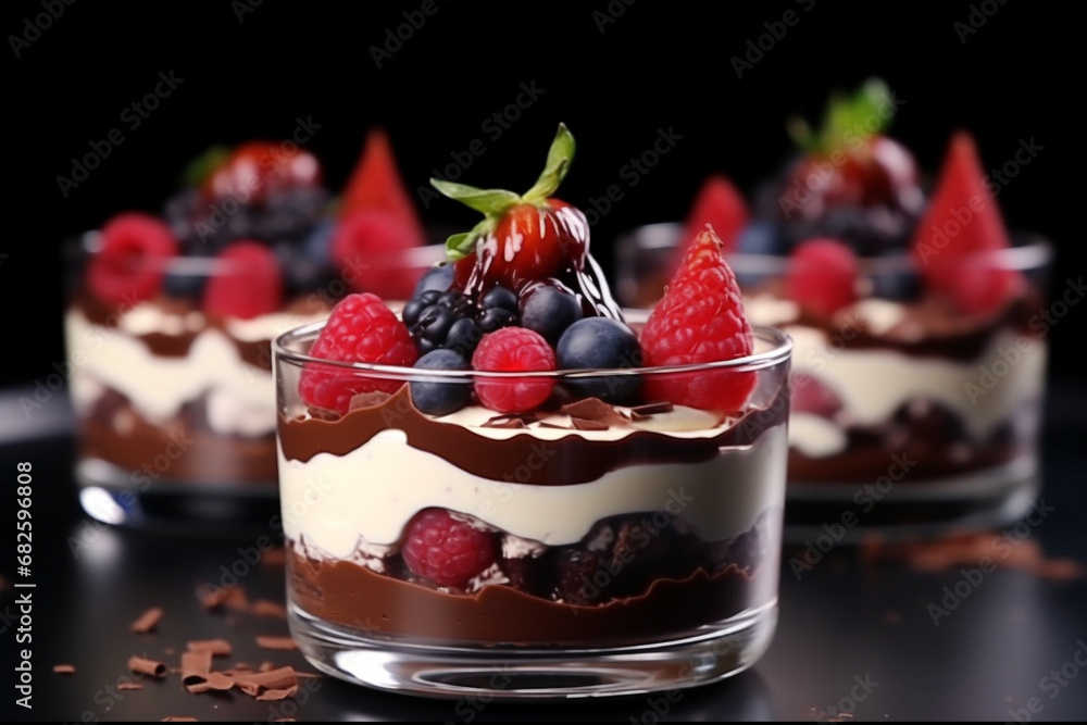 Chocolate trifles with cream cheese, chocolate cream and cherry confit. Dessert topped with fresh blueberries and freeze-dried raspberries Chocolate trifles with cream cheese, chocolate cream and cherry confit. Dessert topped with fresh blueberries and freeze-dried raspberries