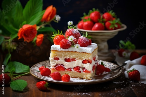 Photo delicious and sweet cake with strawberries and baiser on a plate   copy space  generative ai