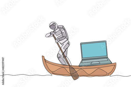 Single continuous line drawing astronaut sailing away on boat with laptop computer. High-tech to carry out intergalactic exploration missions. Cosmonaut deep space. One line design vector illustration