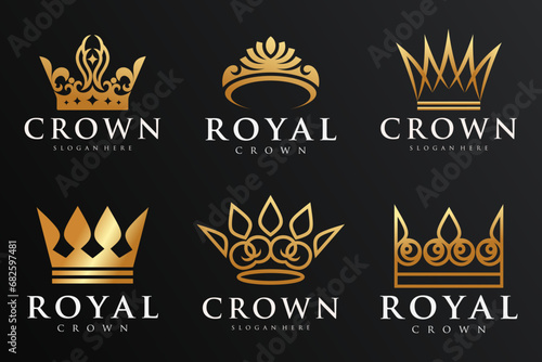 set of abstract gold crown logo symbol. Royal king icon design Vector. photo