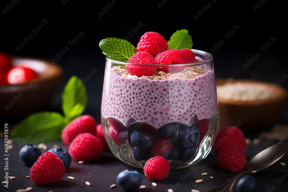 Chia pudding with berry coconut cream. Vegan creamy breakfast. Copy space background Chia pudding with berry coconut cream. Vegan creamy breakfast. Copy space background