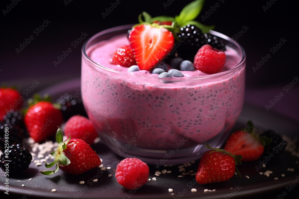 Chia pudding with berry coconut cream. Vegan creamy breakfast. Copy space background Chia pudding with berry coconut cream. Vegan creamy breakfast. Copy space background