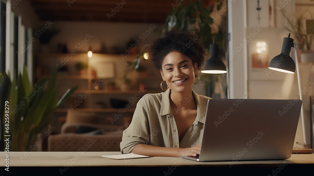 Young person smileing at camera working with laptop at home. Confident ethnic female sitting on living room table using computer Young person smileing at camera working with laptop at home. Confident ethnic female sitting on living room table using computer