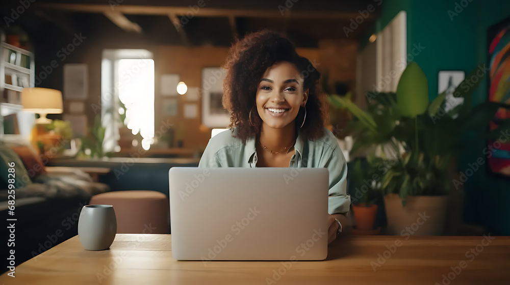 Naklejka premium Young person smileing at camera working with laptop at home. Confident ethnic female sitting on living room table using computer