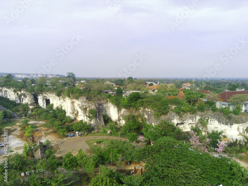 Drone photo of a limestone mining in Setigi, Gresik, Indonesia