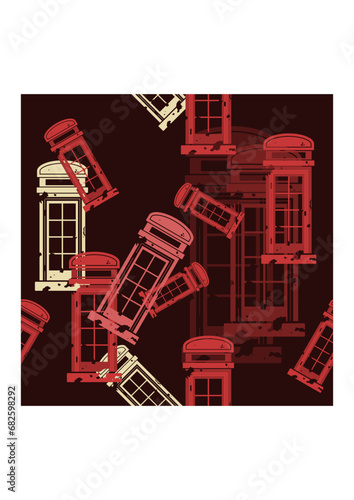 Editable Dark Background Front View Flat Grunge Style Red Typical Traditional English Telephone Booth Vector Illustration as Seamless Pattern for England Culture Tradition and History Related Design