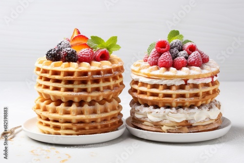 Photo front view yummy waffle cakes, copy space, generative ai