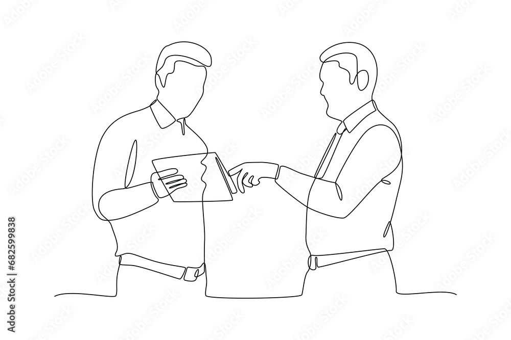 One continuous line drawing of Business people shaking hands. Agreement, trust, cooperation concept. Doodle vector illustration in simple linear style.