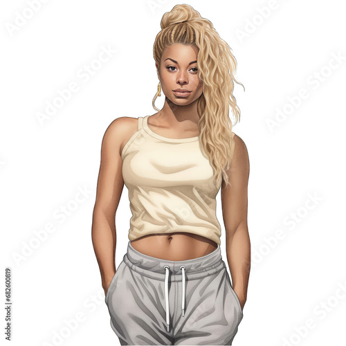 Cute sporty African American woman wearing athleisure workout casual fashion. Isolated on white transparent background © MelissaMN