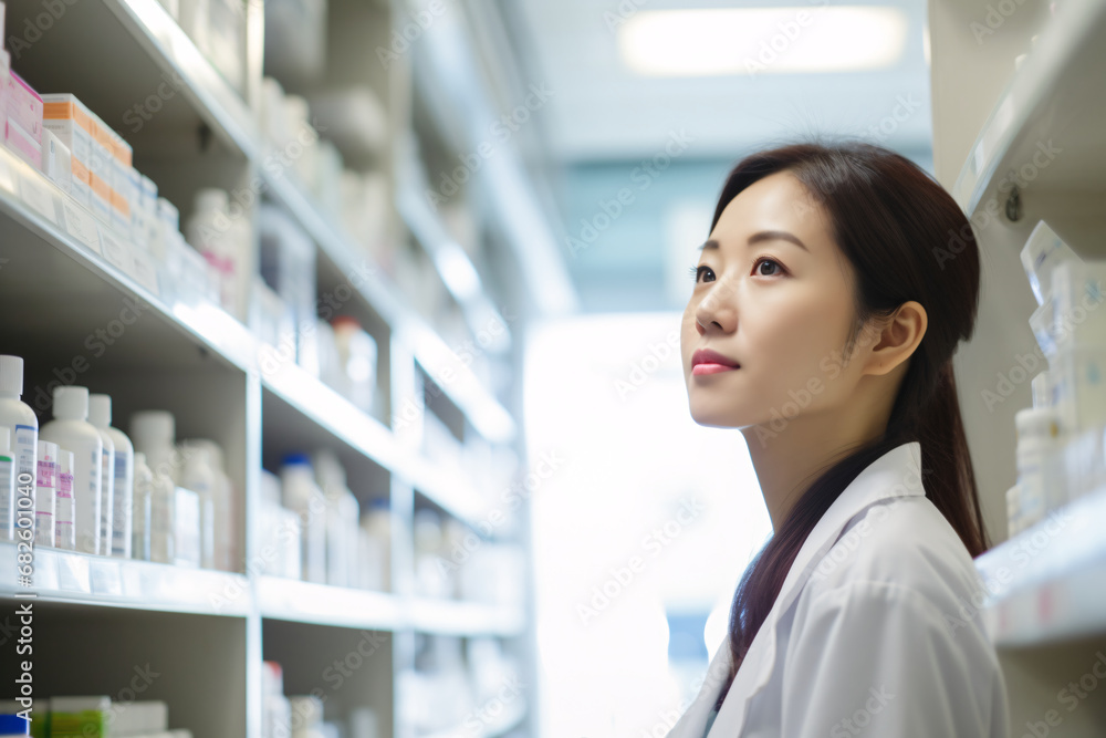 A close-up view of an Asian female pharmacist managing inventory in a well-organized pharmacy. Showcase the meticulous attention to detail and organization in the pharmacist's routine. A close-up view of an Asian female pharmacist managing inventory in a well-organized pharmacy. Showcase the meticulous attention to detail and organization in the pharmacist's routine.