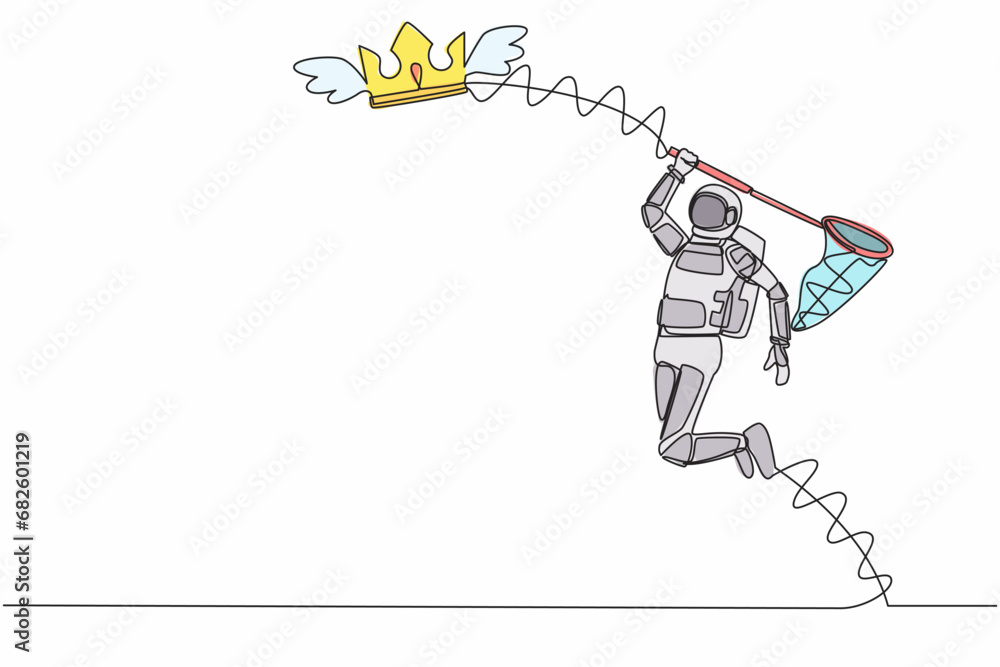 Single one line drawing young astronaut try to catching flying crown with butterfly net. Royal and luxury outer galaxy kingdom. Cosmic galaxy space. Continuous line graphic design vector illustration