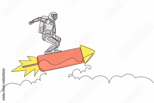 Single continuous line drawing young astronaut standing astride rocket and flying through the air. Future space industry. Cosmonaut deep space concept. One line draw design vector graphic illustration