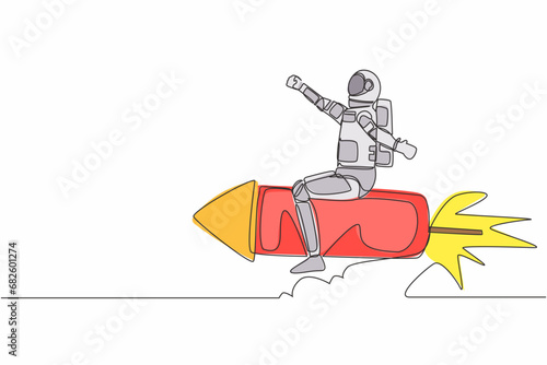 Single one line drawing of young astronaut flying high riding firework rocket in moon surface. Future spaceship technology development. Cosmic galaxy space. Continuous line design vector illustration