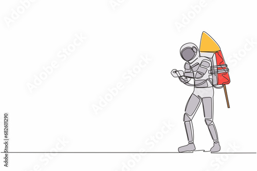 Single continuous line drawing astronaut ignites big fireworks rocket attached to his back in moon surface. Ready to space expedition. Cosmonaut deep space. One line design vector graphic illustration