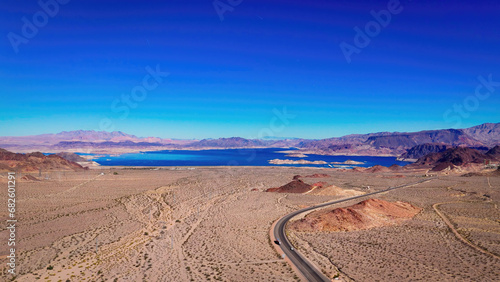 Lake Mead in the Nevada desert from above aerial view - aerial photography