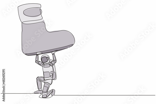 Continuous one line drawing young astronaut under giant feet stomping. Violence of dictator toward tiny spaceman, big shoes crush science. Cosmonaut outer space. Single line design vector illustration