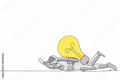 Single continuous line drawing young astronaut under heavy light bulb burden. Uninspired or no idea after business space failure. Cosmonaut deep space. One line draw design vector graphic illustration