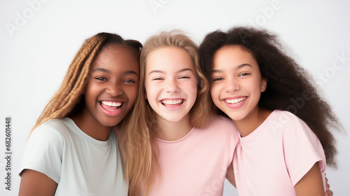 Portrait of joyful multiracial teenage girls standing laughing together
