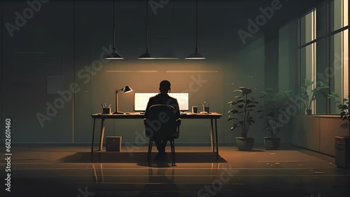 Minimal flat motion of a person sitting alone in a dark office, underscoring the isolation and loneliness that can accompany workaholism. 2D cartoon animation. . photo