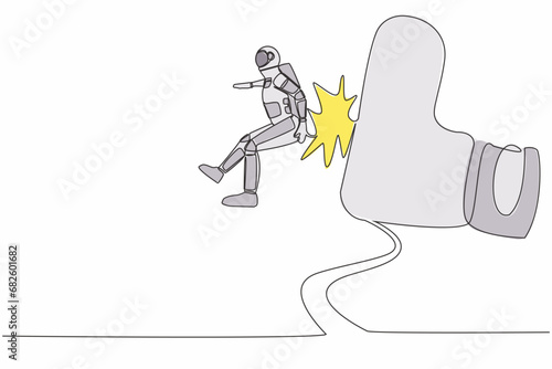 Continuous one line drawing young astronaut getting fired, flying through air after being kicked in the back in moon surface. Cosmonaut outer space. Single line draw graphic design vector illustration