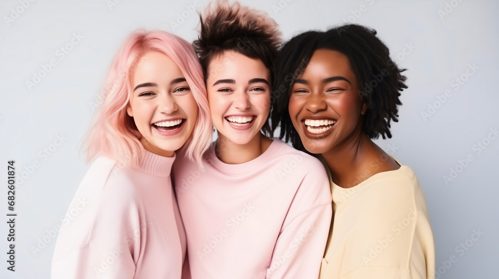 Portrait of joyful multiracial teenage girls standing laughing together Portrait of joyful multiracial teenage girls standing laughing together